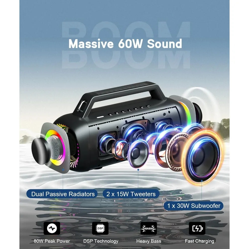 Portable Bluetooth Speaker – 80W Peak, IPX7 Waterproof, HD Sound, DSP & Outdoor Bass, RGB Lights, Wireless Stereo Pairing